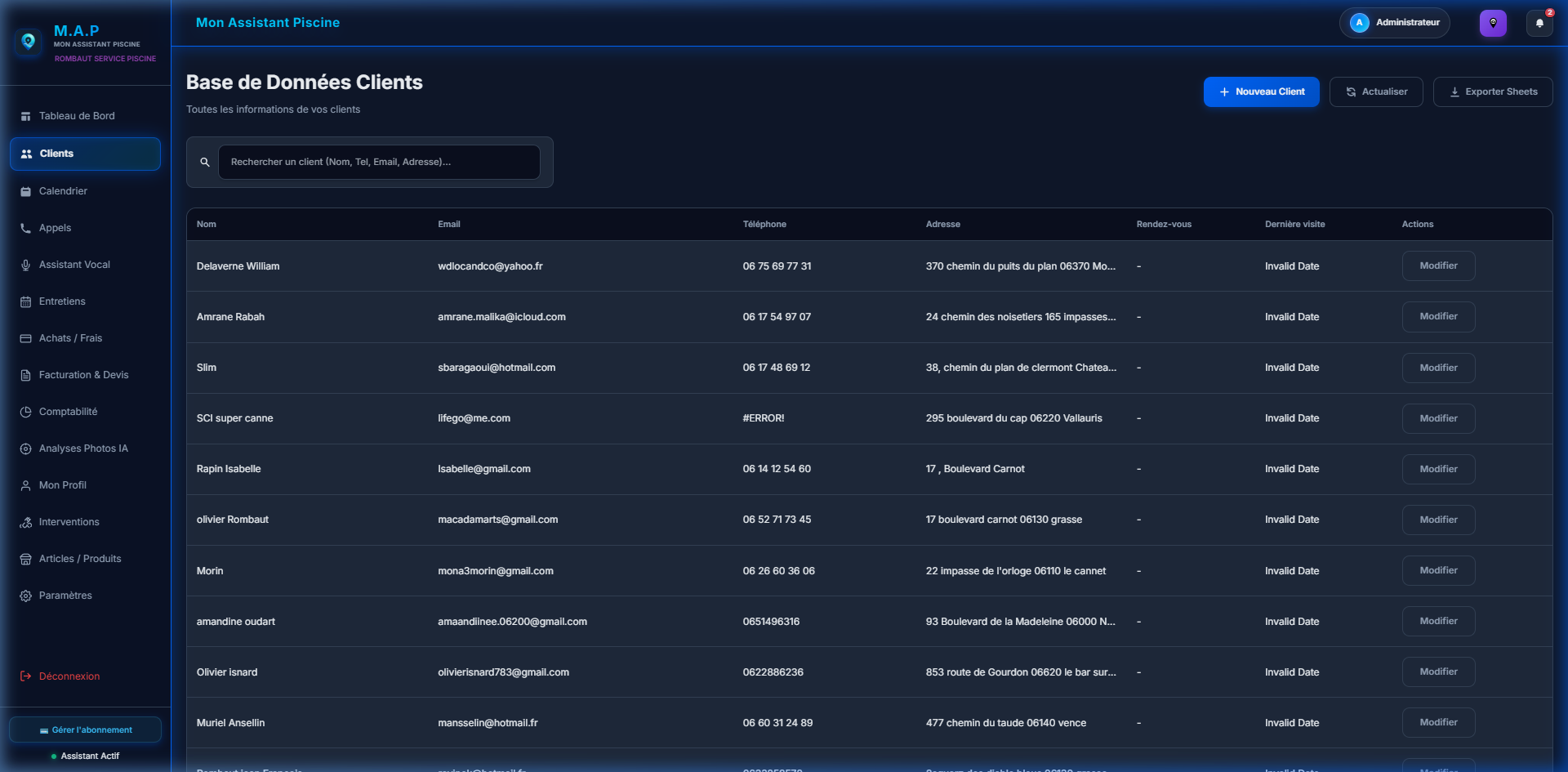 Base de données clients M.A.P