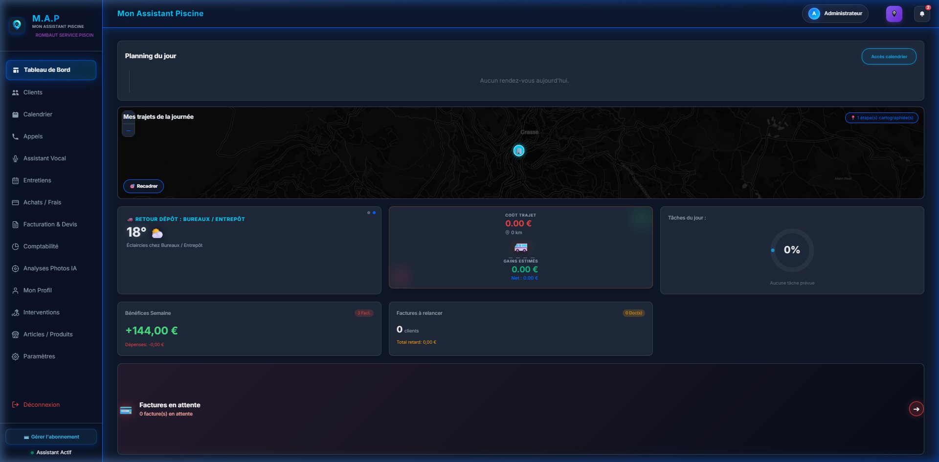 Tableau de bord M.A.P avec météo, carte GPS et bénéfices