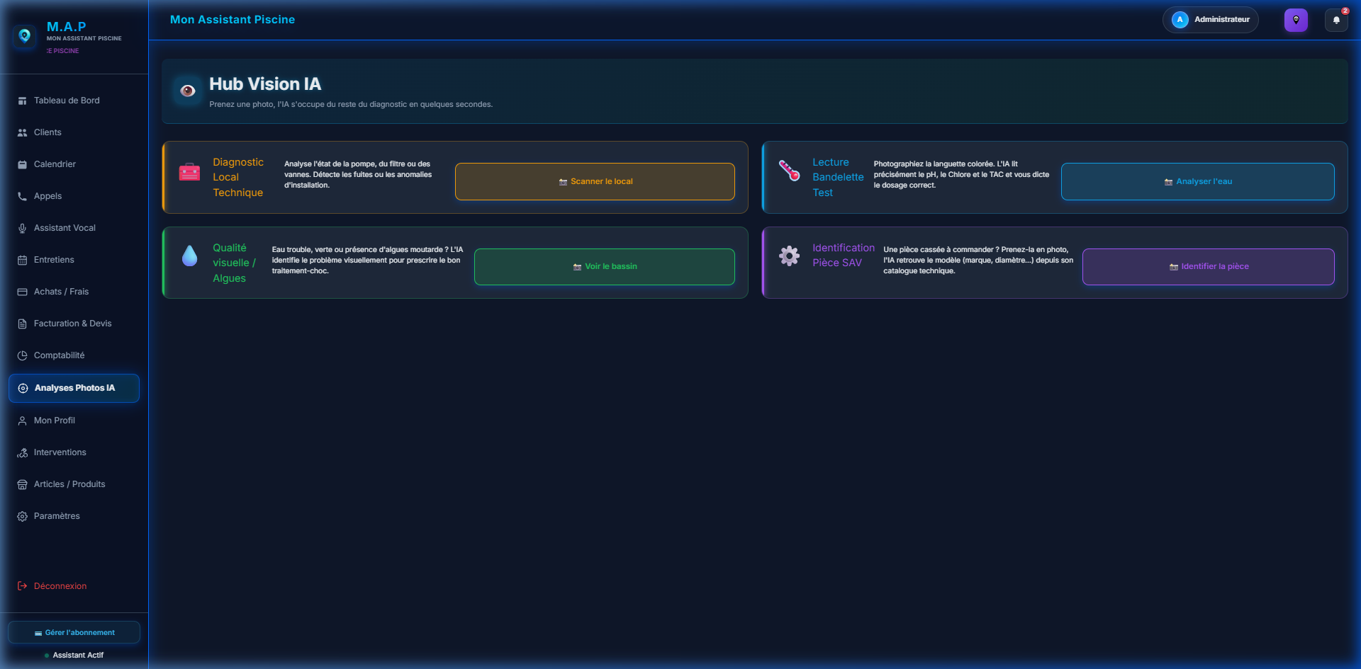 Hub Vision IA pour diagnostic de piscine par photo